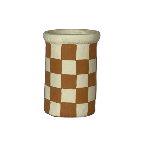 Checkered Ivory & Tan Paper Mache Flower Vase