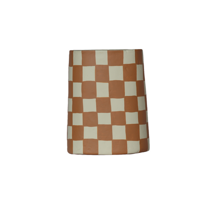 Checkered Ivory & Tan Paper Mache Big Flower Vase