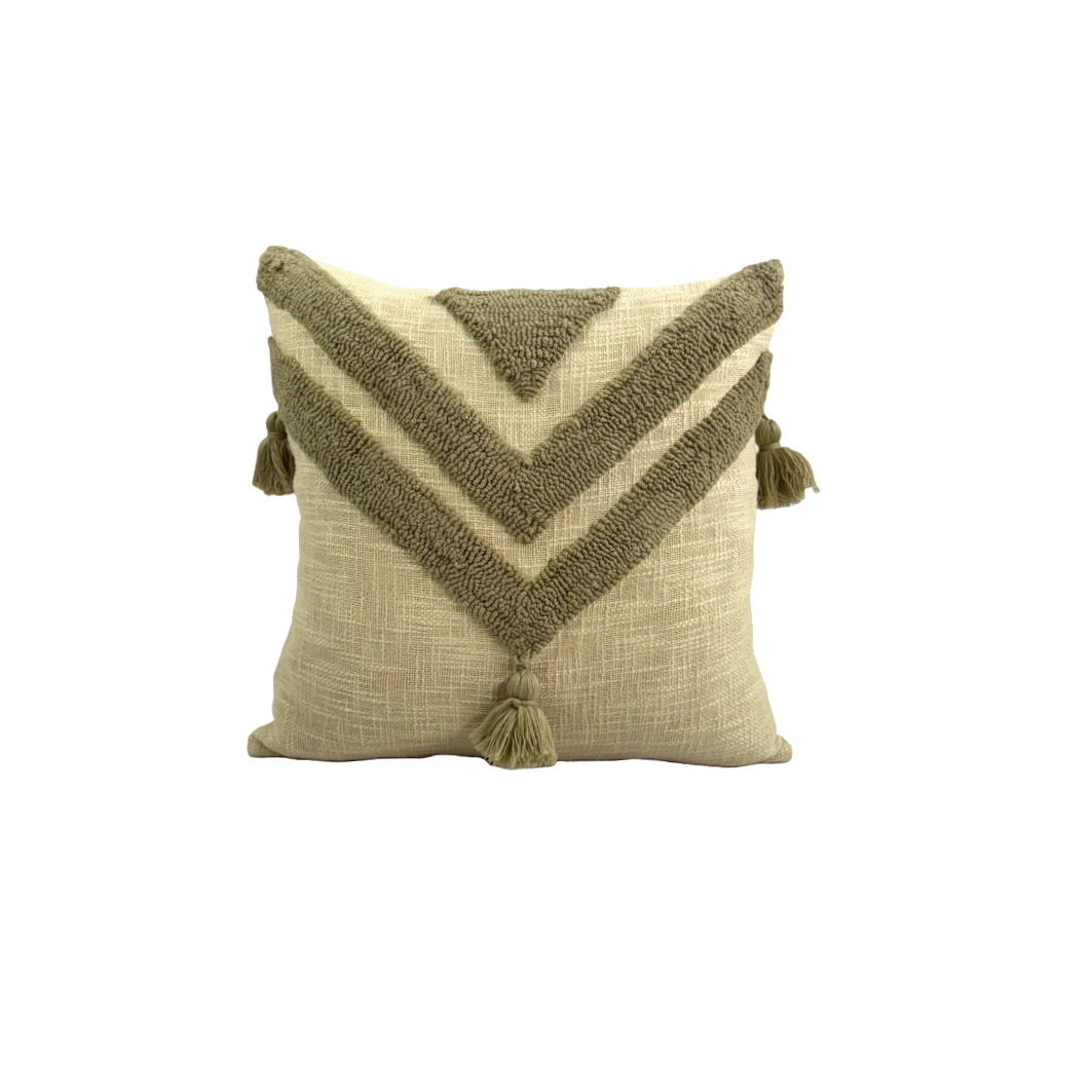 Hand Tufted Beige Cotton Cushion Cover with Tassels