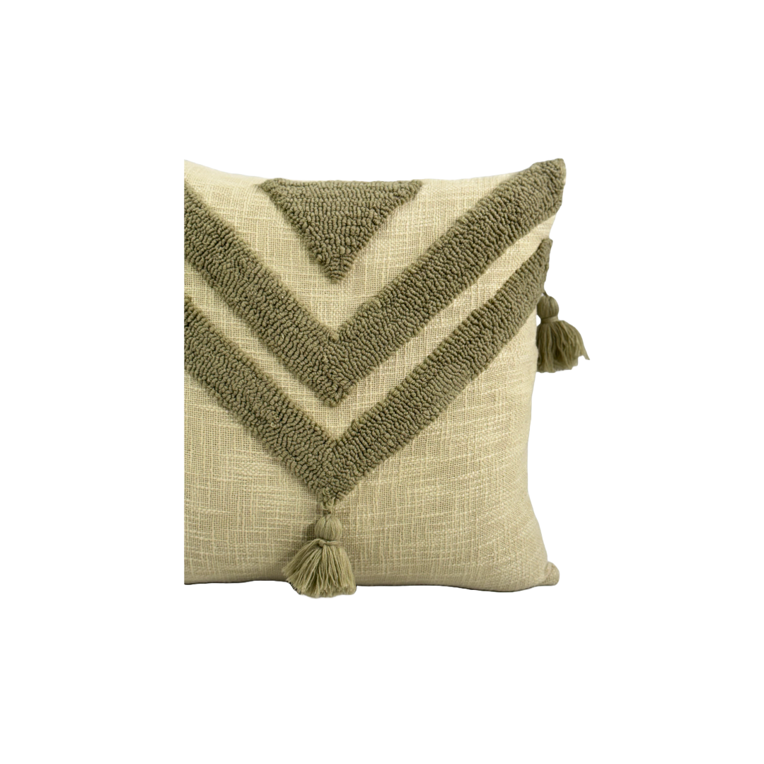 Hand Tufted Beige Cotton Cushion Cover with Tassels