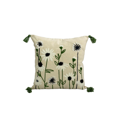 Flower Embroidered Decorative Ivory Tasseled Cushion Cover