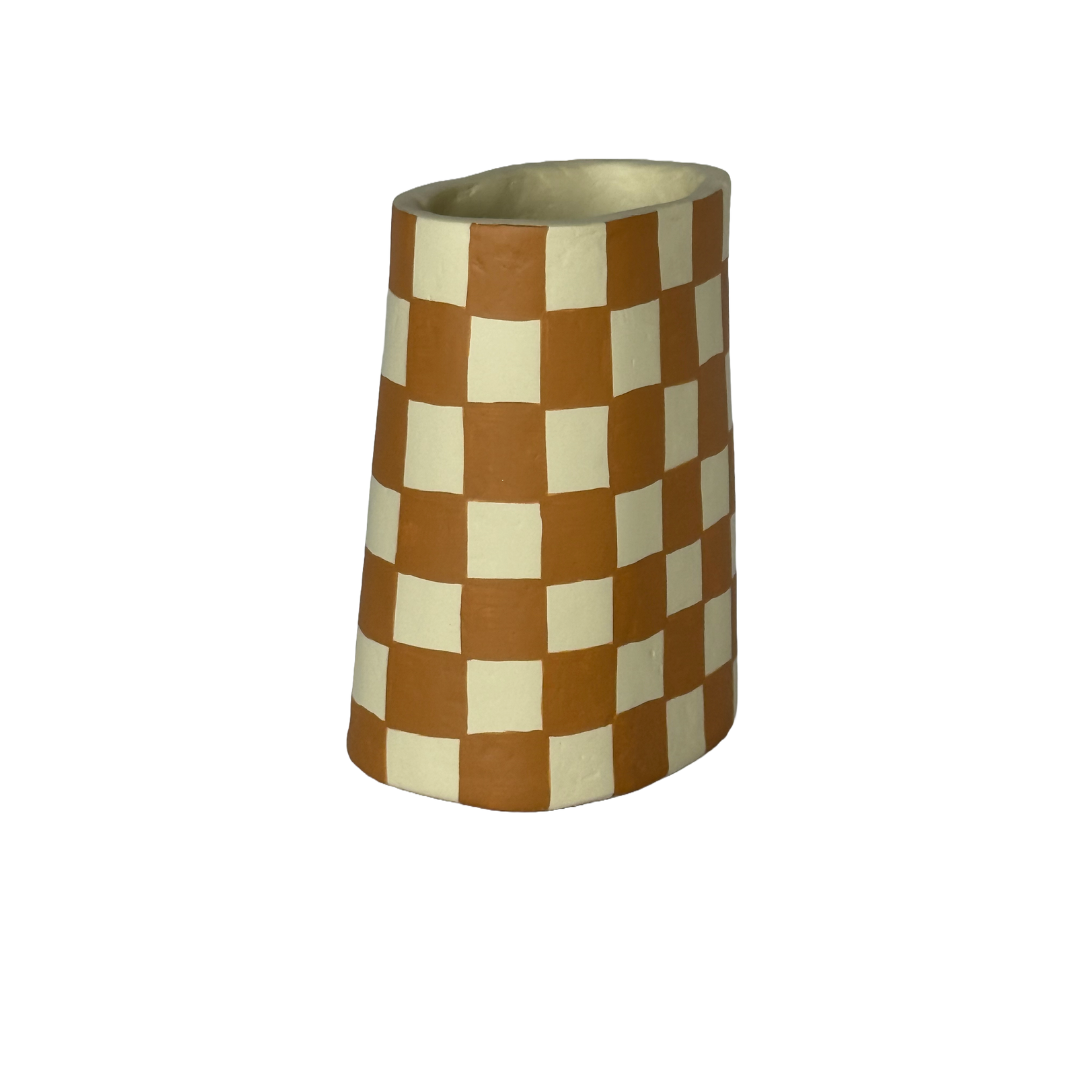 Checkered Ivory & Tan Paper Mache Big Flower Vase