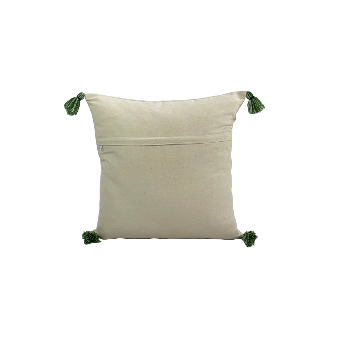 Flower Embroidered Decorative Ivory Tasseled Cushion Cover