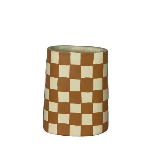 Checkered Ivory & Tan Paper Mache Big Flower Vase