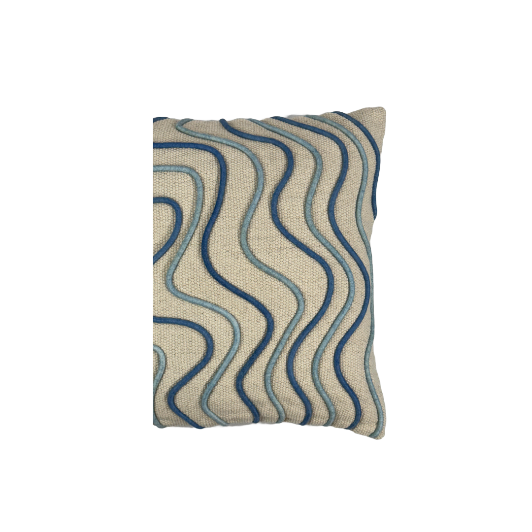 Wavy Blue and Off-White Embroidered Cotton Cushion Cover