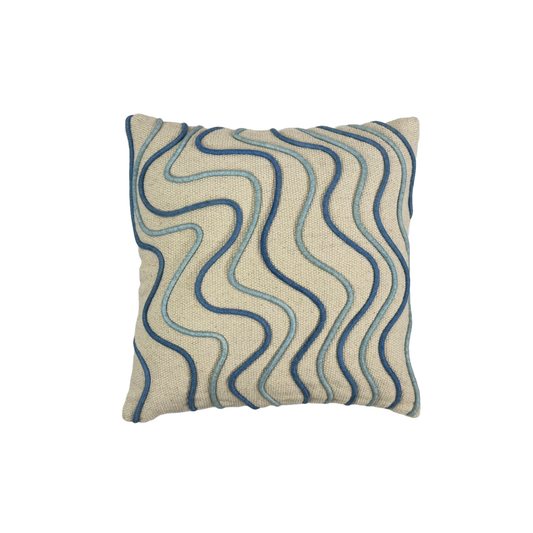 Wavy Blue and Off-White Embroidered Cotton Cushion Cover