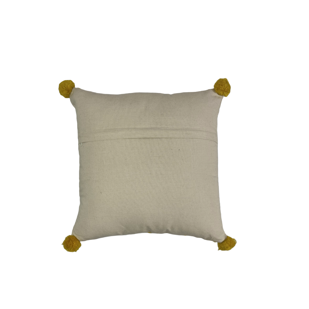 Ivory and Mustard Yellow Embroidered Cushion Cover with Tassels