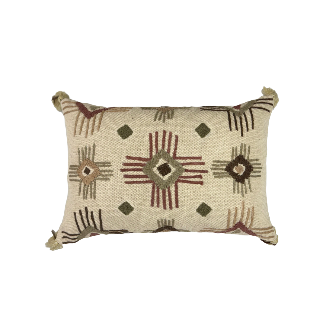 Ivory Cotton Embroidered Hand Tufted Designer Cushion Cover with Tassels