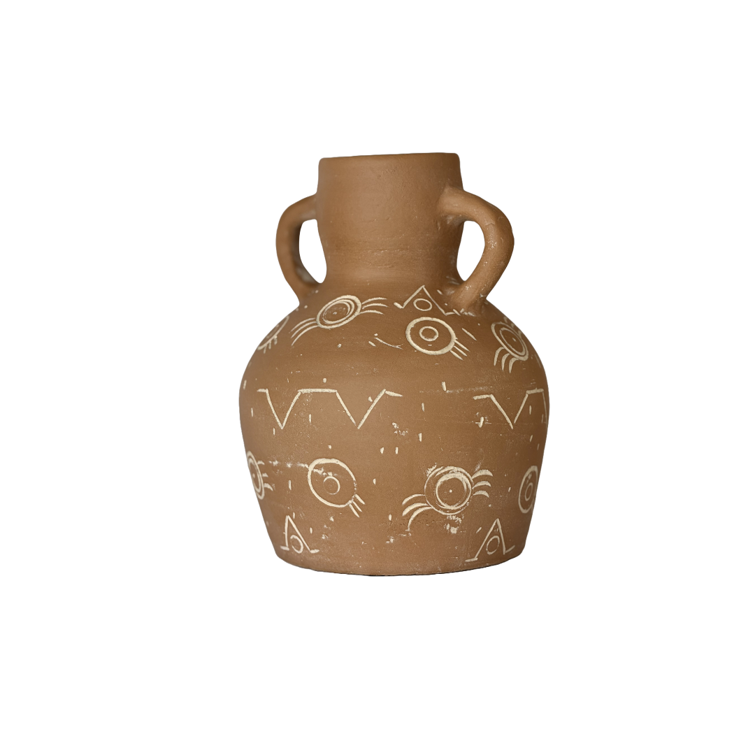 Natural Tan Hand Carved Amphora Terracotta Vase