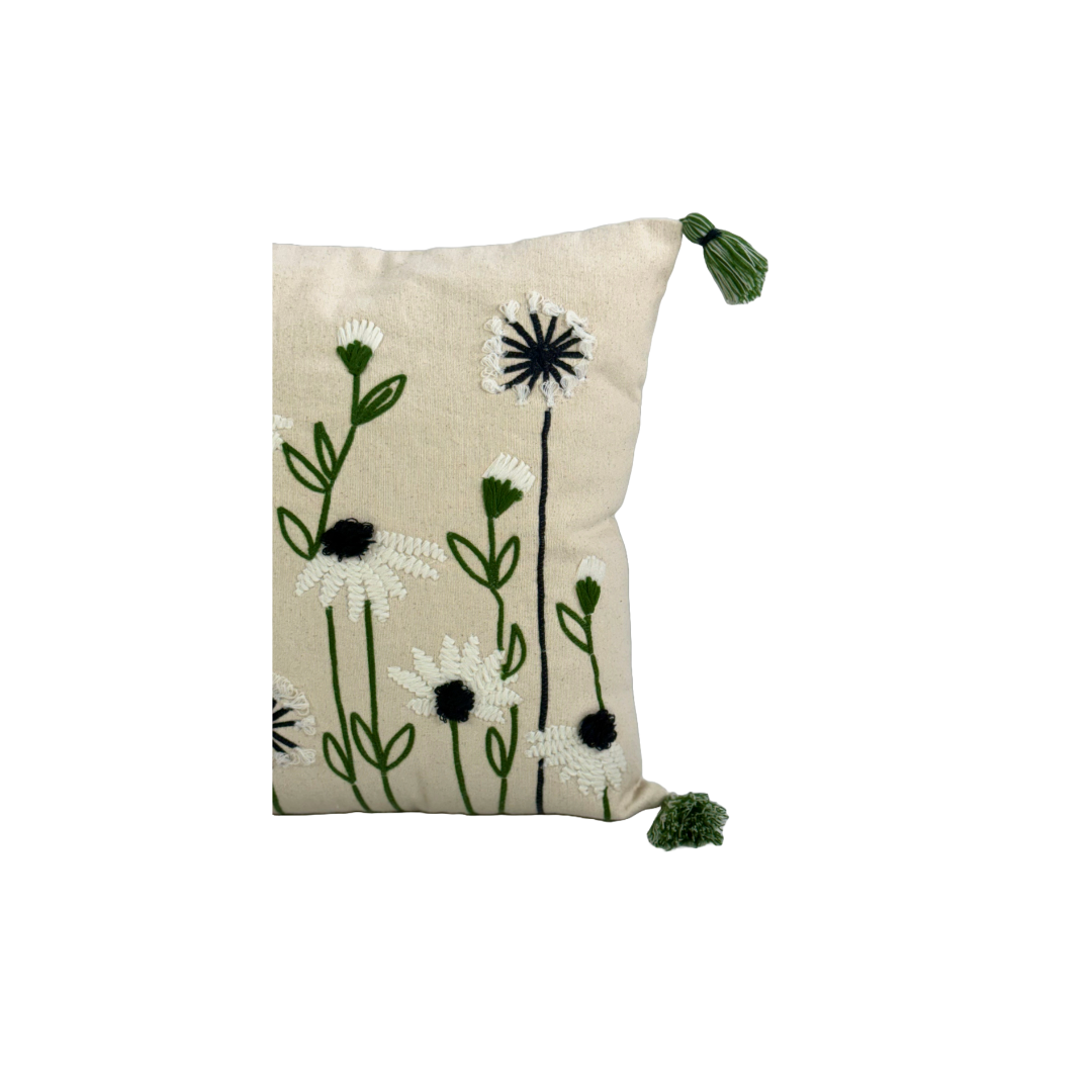 Flower Embroidered Decorative Ivory Tasseled Cushion Cover