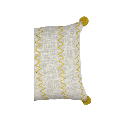 Ivory and Mustard Yellow Embroidered Cushion Cover with Tassels