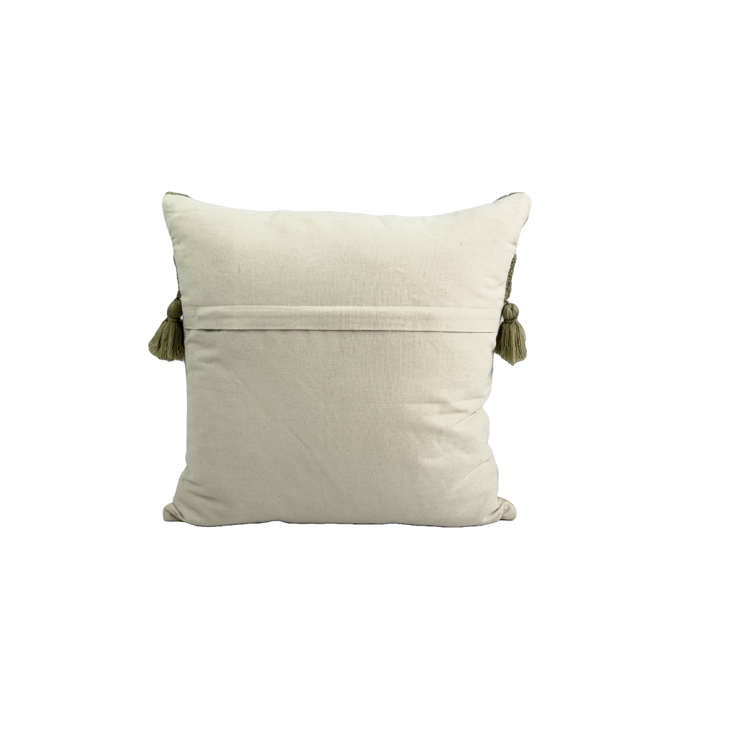 Hand Tufted Beige Cotton Cushion Cover with Tassels