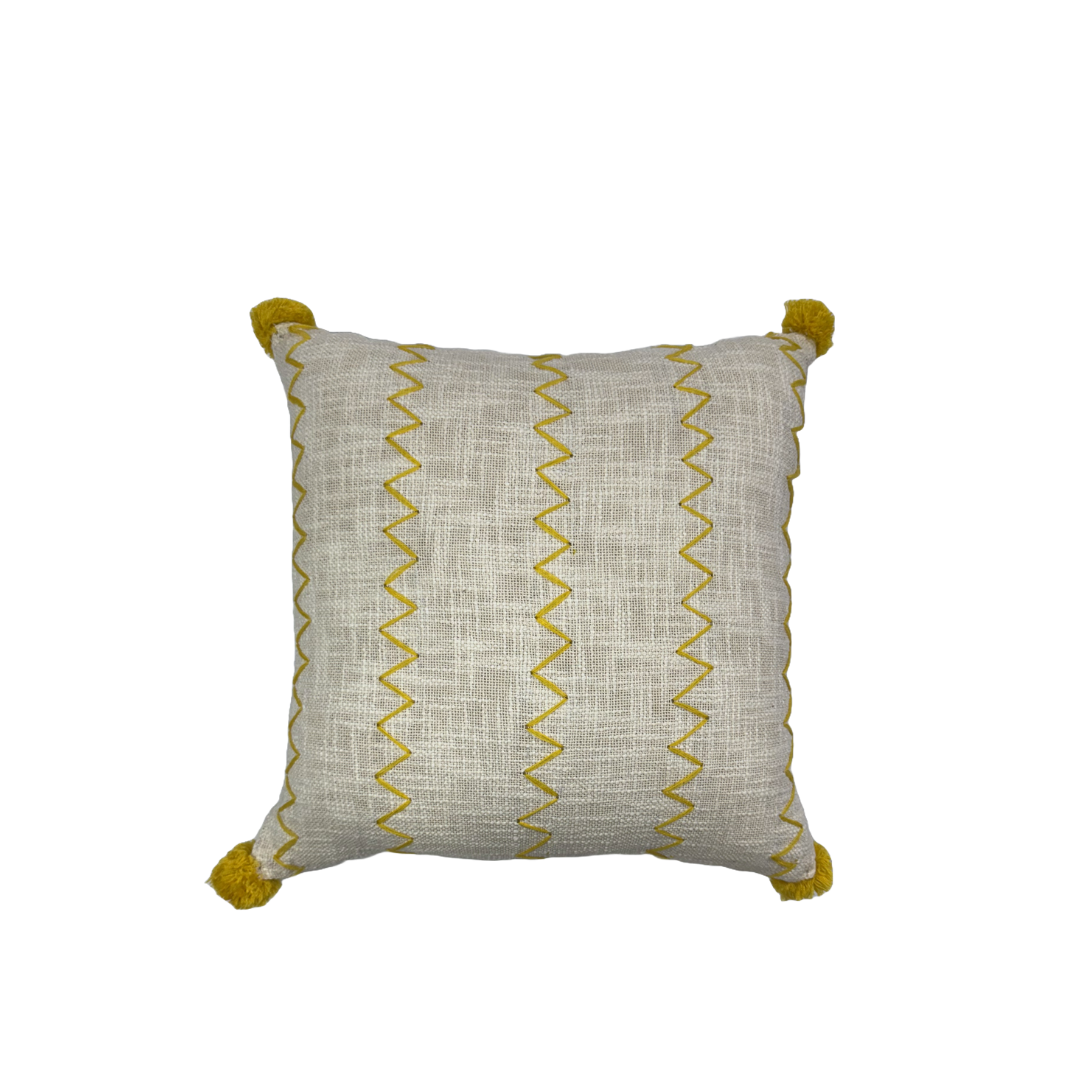 Ivory and Mustard Yellow Embroidered Cushion Cover with Tassels