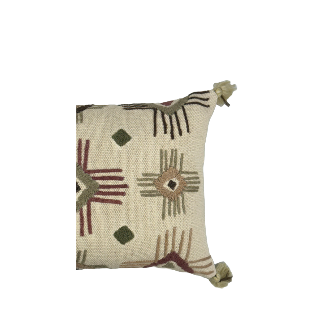 Ivory Cotton Embroidered Hand Tufted Designer Cushion Cover with Tassels