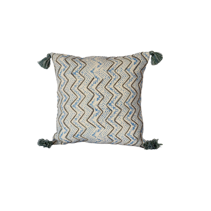 Blue & Black Zig-zag striped Ivory Embroidered Cotton Cushion Cover with Tassels