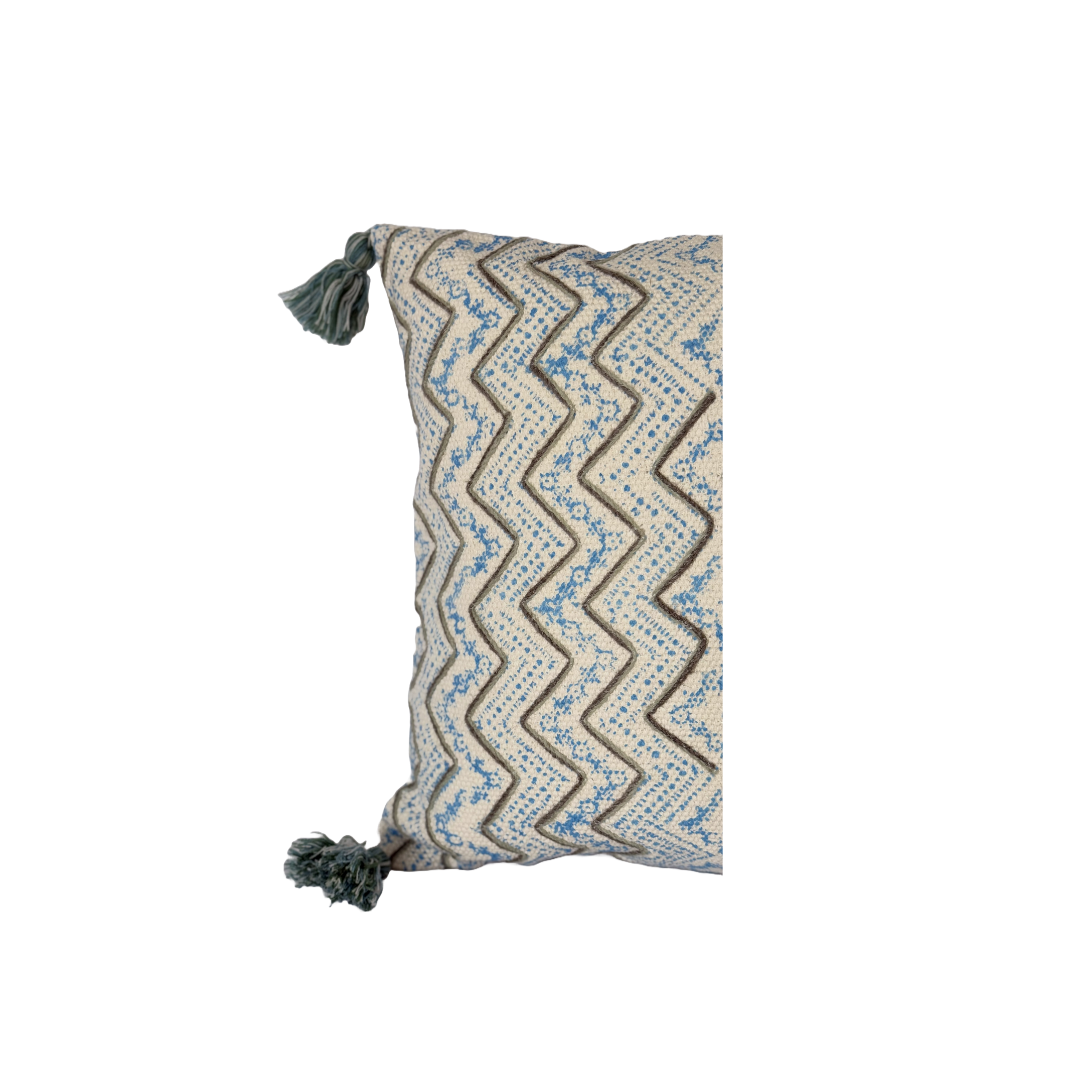 Blue & Black Zig-zag striped Ivory Embroidered Cotton Cushion Cover with Tassels