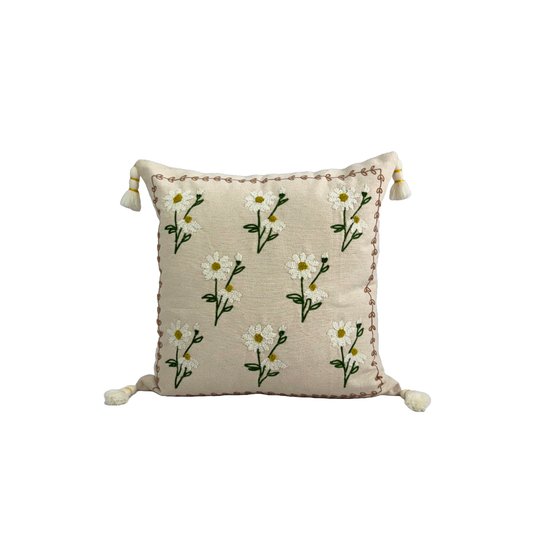 Daisy Embroidered Ivory Tasseled Cushion Cover