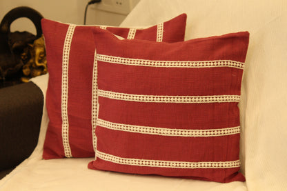 Crimson Colored Laced Cotton Cushion Cover