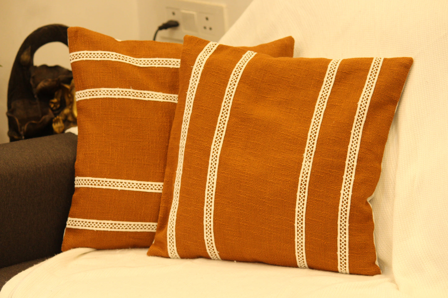 Rust Brown Laced Cotton Cushion Cover