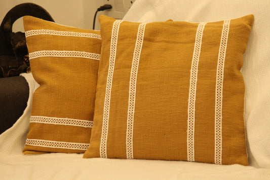 Mustard Yellow Cotton Cushion Cover with Lace 16X16 inches