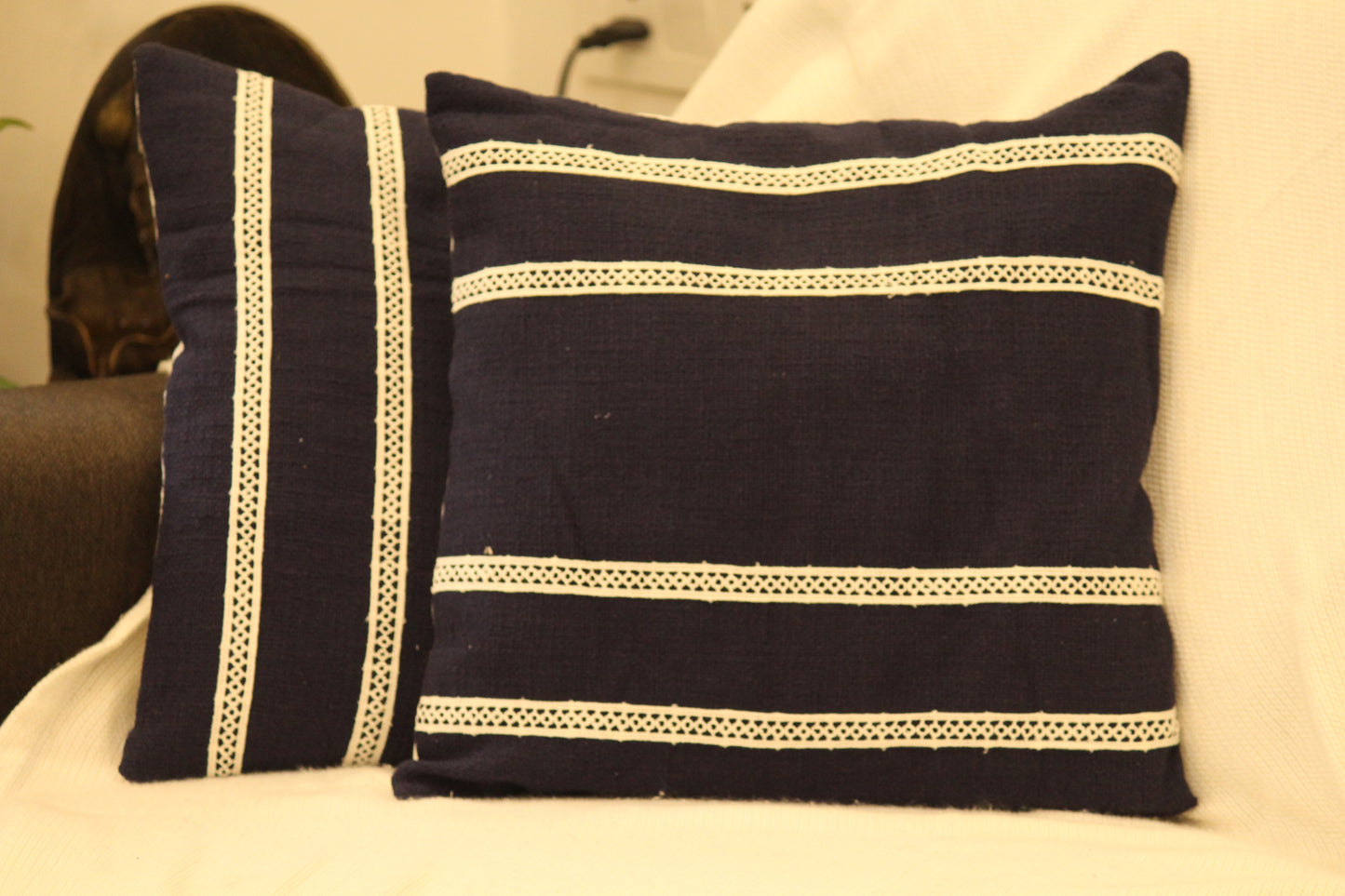 Deep Indigo Textured Laced Cotton Cushion Cover