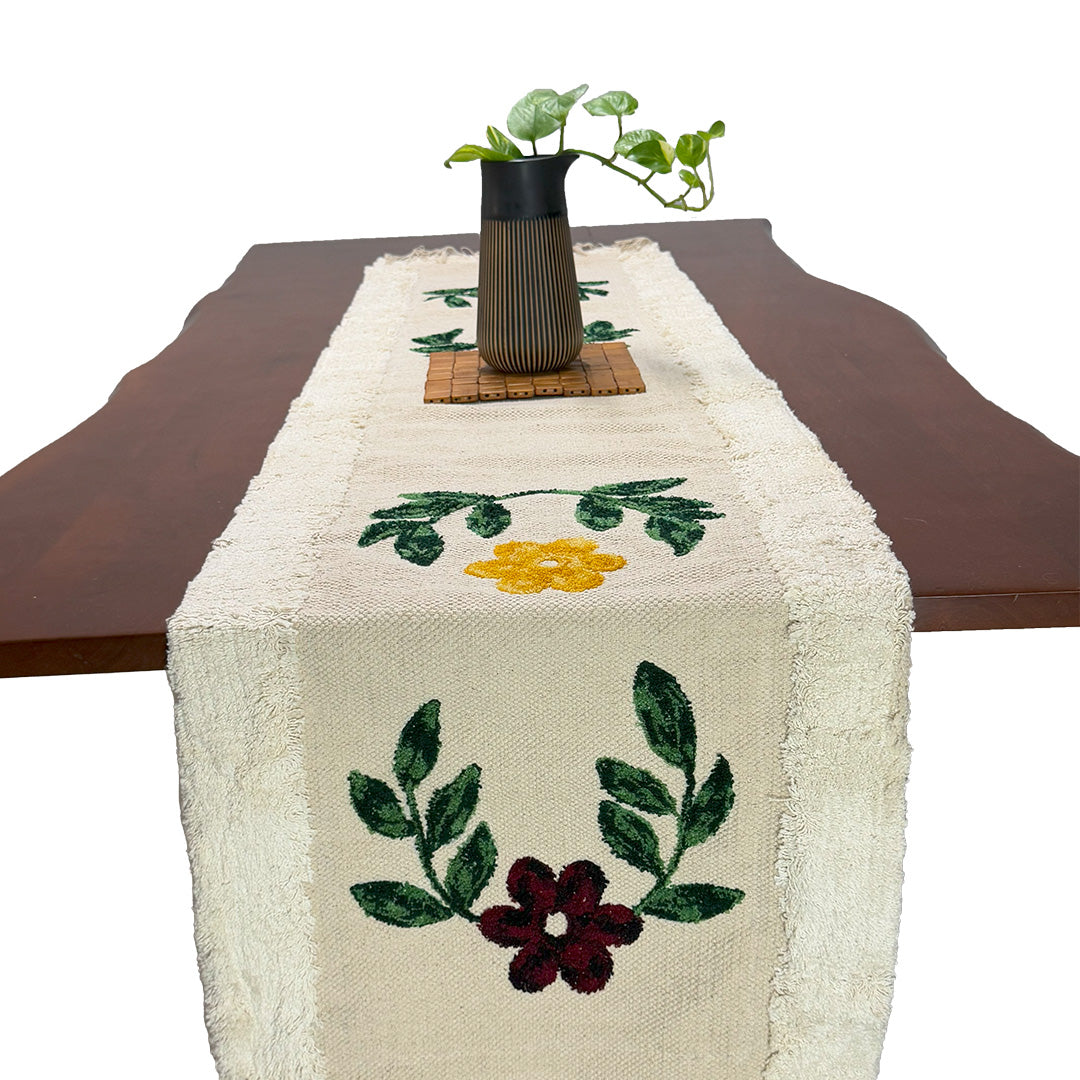 Red & Yellow Floral Beige Tufted Table Runner with Fringes