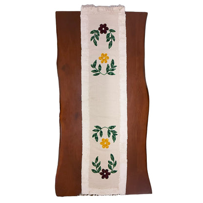 Red & Yellow Floral Beige Tufted Table Runner with Fringes