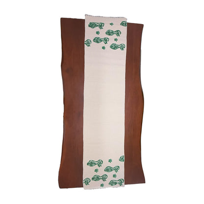 Beige and Green Tufted Cotton Table Runner with Fringes