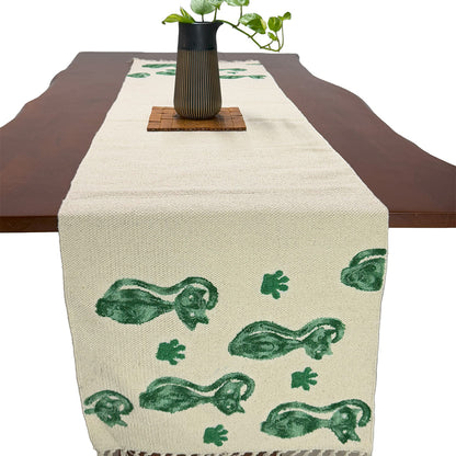 Beige and Green Tufted Cotton Table Runner with Fringes