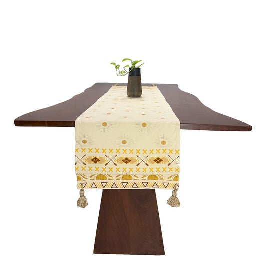 Beige & Yellow Printed Cotton Table Runner with Tassels