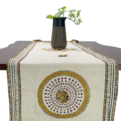 Rust Brown & Yellow Embroidery Cotton Table Runner with Tassels