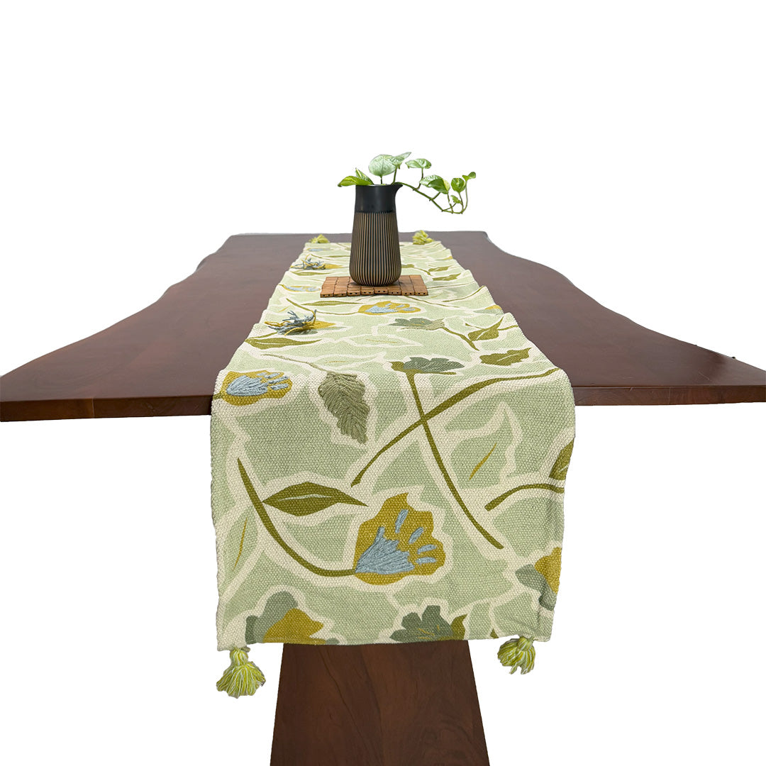 Beige & Green Printed Table Runner with Tassels