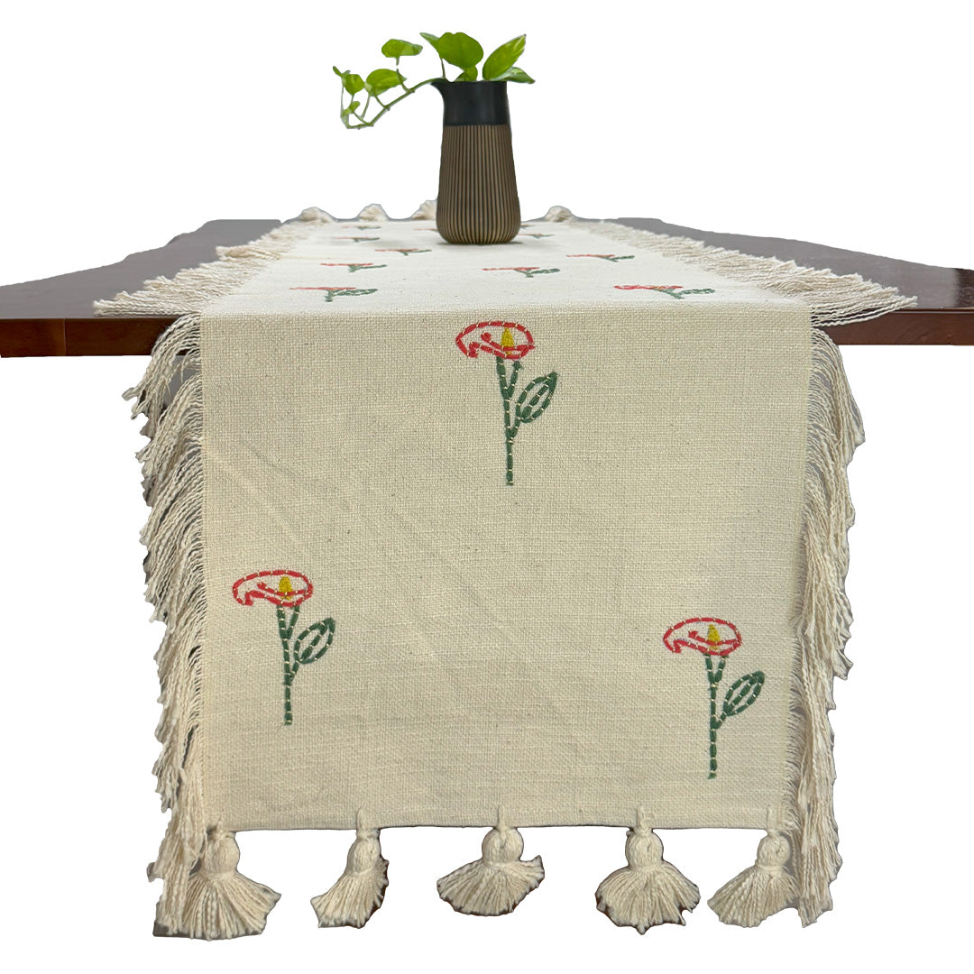 Beige Floral Embroidered Table Runner with Fringes