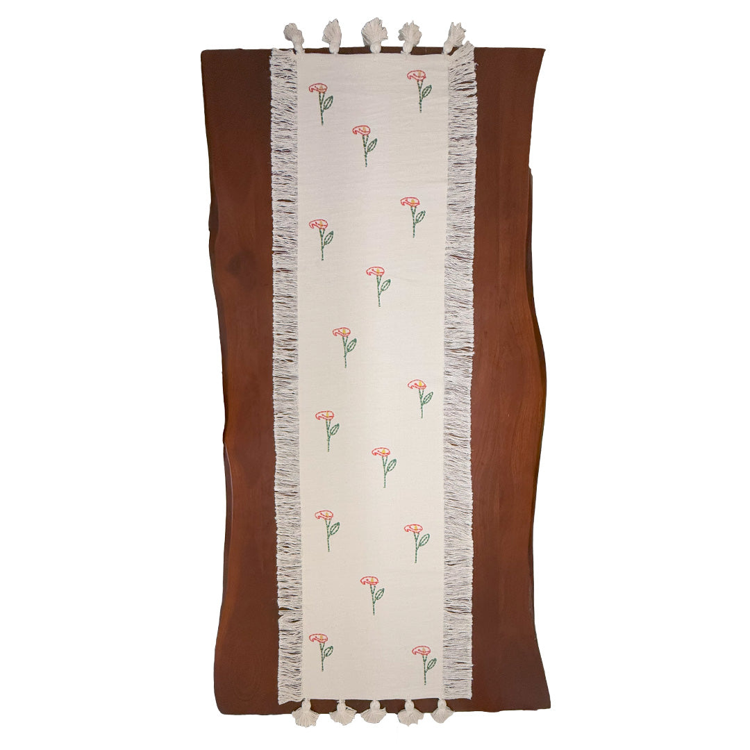 Beige Floral Embroidered Table Runner with Fringes