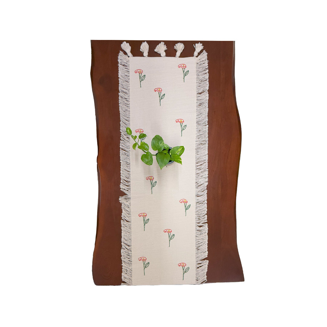 Beige Floral Embroidered Table Runner with Fringes