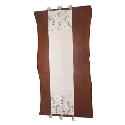 Beige Cotton Daisey Floral Embroidered Table Runner with Tassels