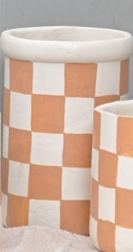 Checkered White & Tan Paper Mache Flower Vase