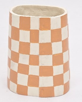 Checkered White & Tan Paper Mache Big Flower Vase