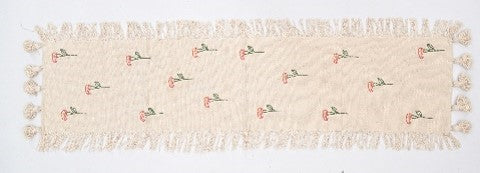 Beige Floral Embroidered Table Runner with Fringes